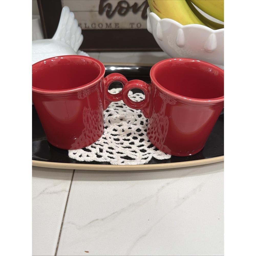 2 Set Fiesta Ware Red Scarlet Coffee Mugs USA Marked HLC 10oz O Ring
